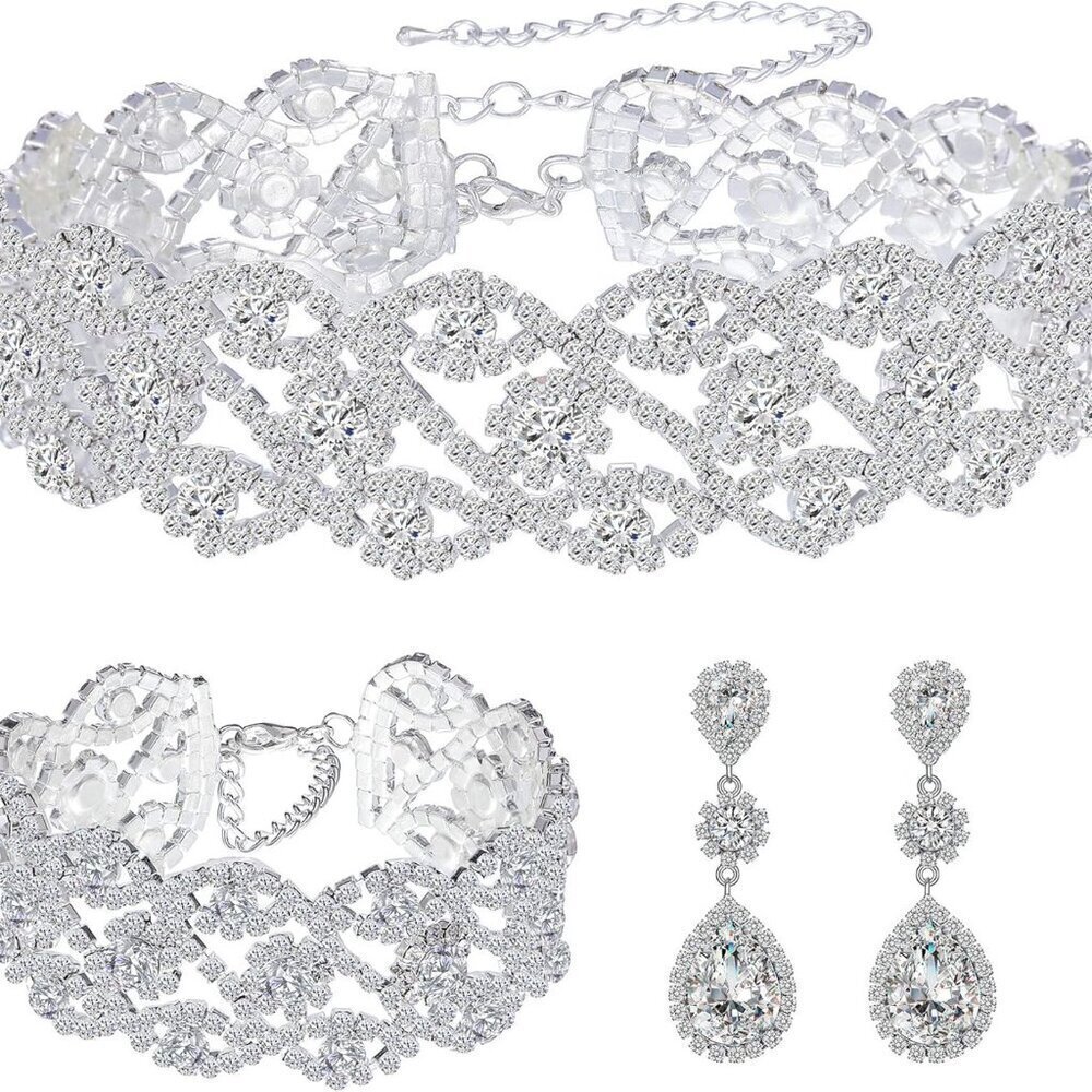 Women Crystal Bridal Jewelry Sets Necklace Earrings Bracelet Wedding